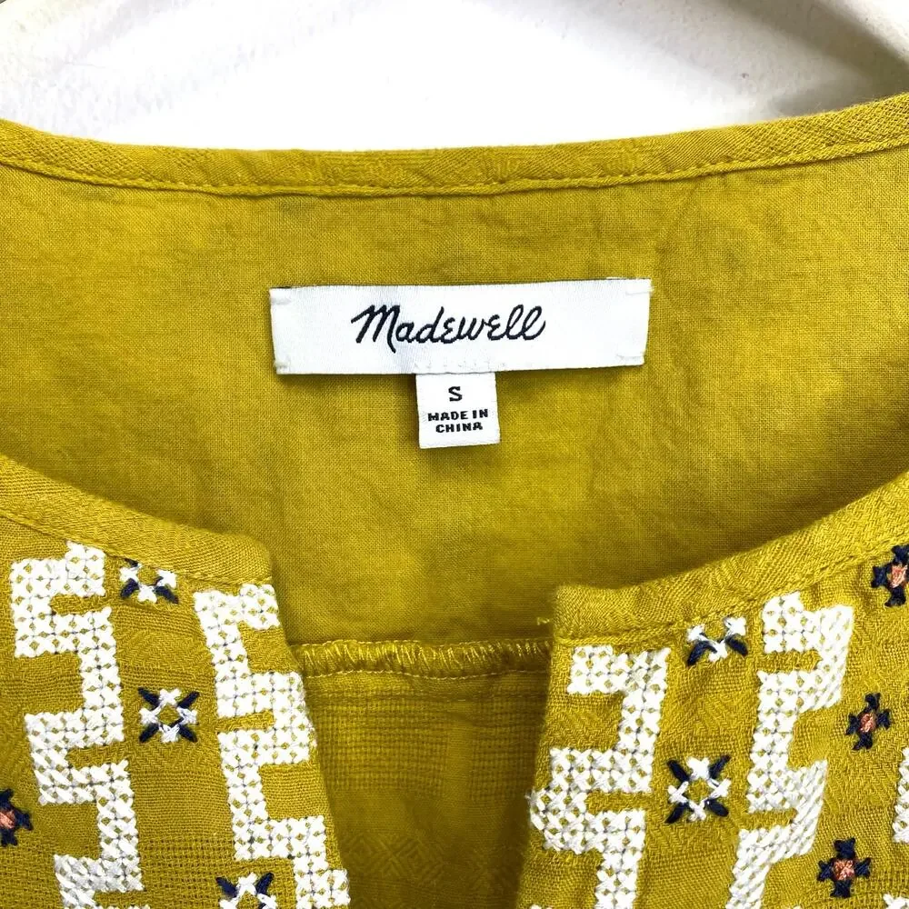 Madewell Embroidered Cassia Ruffle Top Womens Sz S Yellow Boho Summer 3/4 Sleeve - Picture 3 of 9